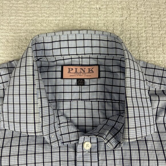 Thomas Pink Shirt Mens 17-35 Blue Mini Check Plaid Dress shirt Plaid pattern - Picture 11 of 16